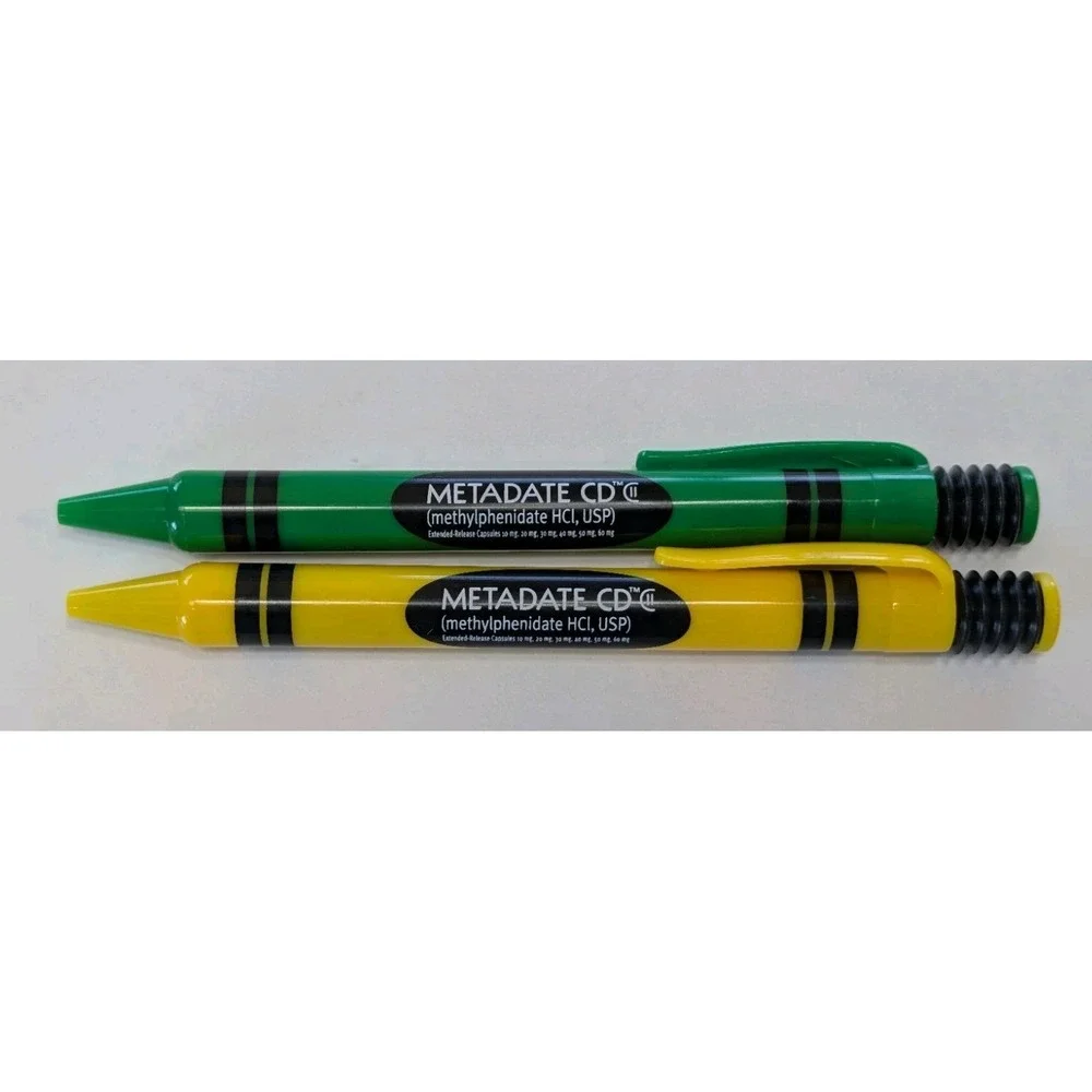 RARE Metadate CD CII Pharmaceutical Drug Rep Pen ADHD Green Yellow Crayon Click